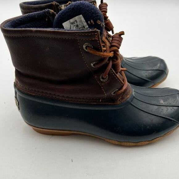 Sperry Saltwater Duck Boots Womens Size 7 Brown Leather Navy Rubber STS91175 - Picture 11 of 13